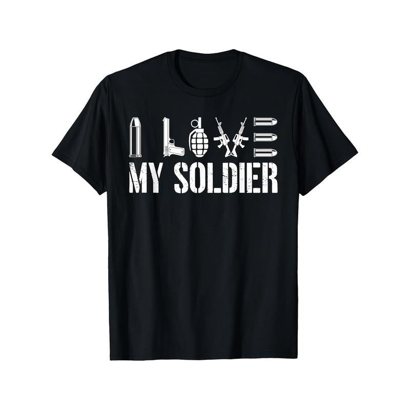 Men's Patriotic "I Love My Soldier" Veteran Hero Memorial Day T-Shirt - Military Graphic Design with Rifle, Grenade &...