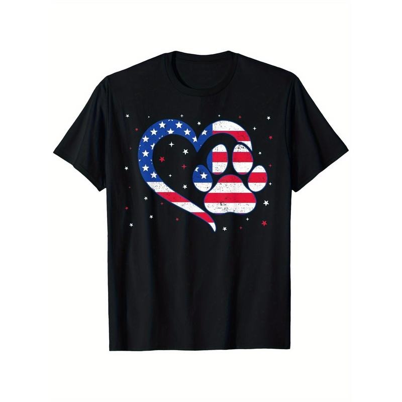 Men's Patriotic American Flag Heart & Paw Print Graphic T-Shirt - 100% Cotton Relaxed Fit Short Sleeve Crew Neck Tee for...