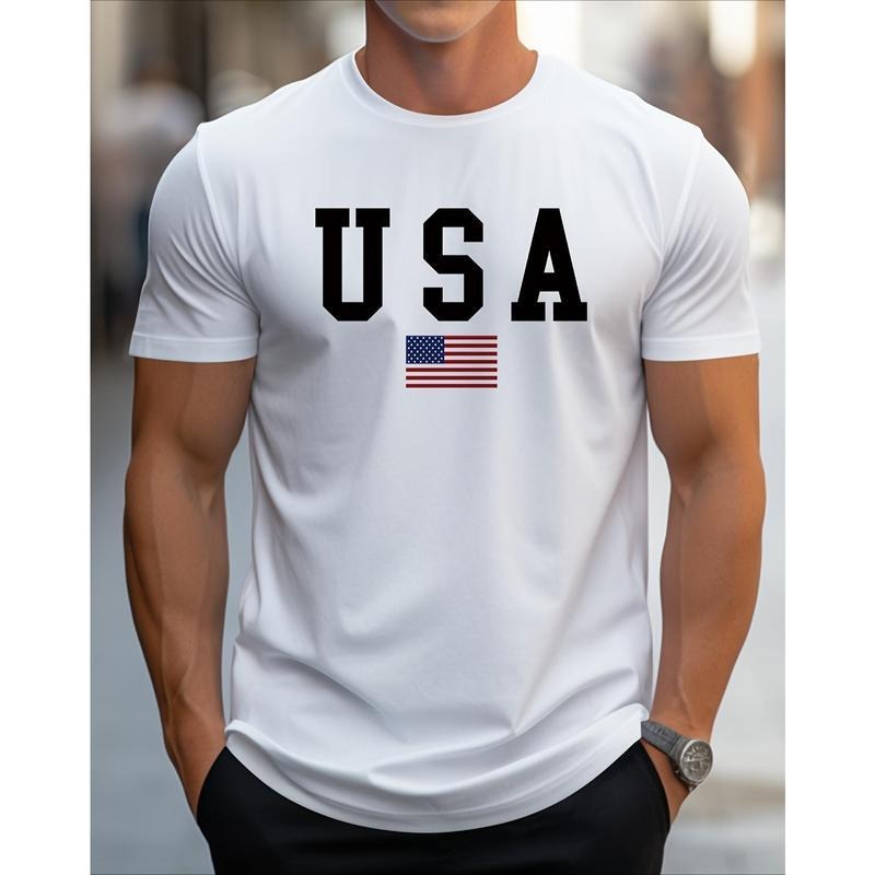 Men's Patriotic USA Flag Print Cotton T-Shirt -  Cotton Crew Neck Short Sleeve, Slight Stretch Knit Fabric, Regular Fit...