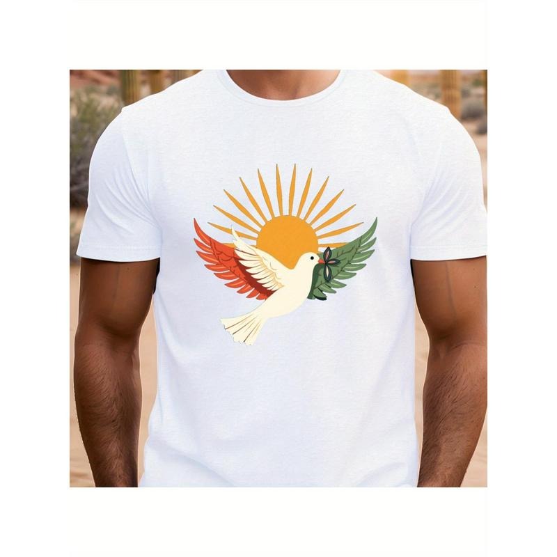 Men's Peace Dove & Olive Branch Graphic T-Shirt - Vibrant Geometric Print Symbolic Design, Breathable All-Season Casual...