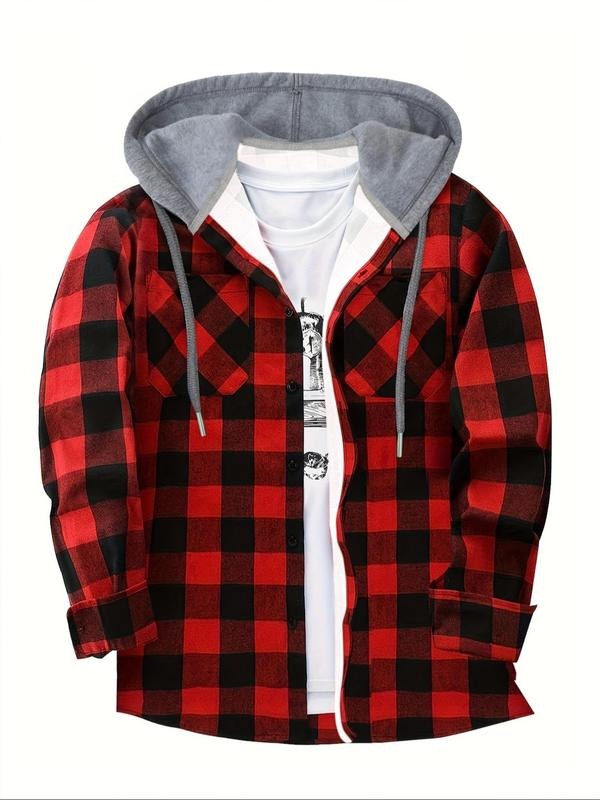Men's Plaid Print Fleece Hooded Shirt, Casual Loose Long Sleeve Hooded Top for Fall & Winter, Men's Clothes for Daily...