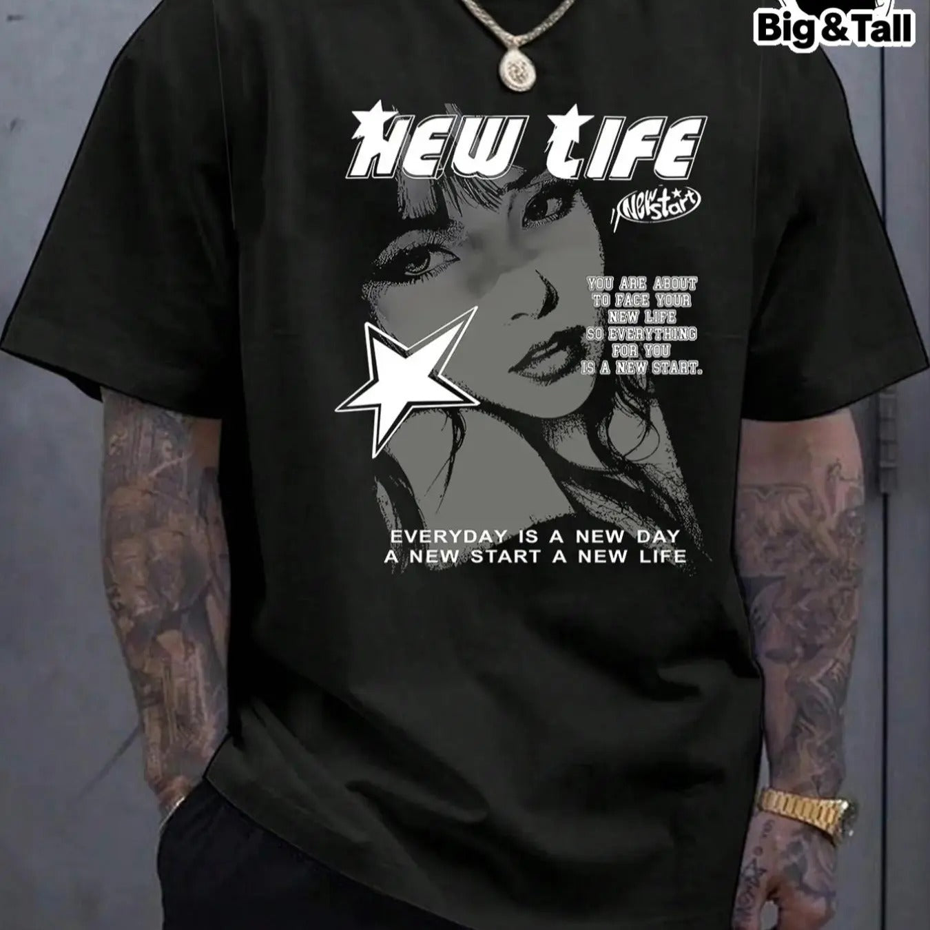 Men's Plus Size Figure & Letter Print T-shirt, Street Fashion Short Sleeve Round Neck Graphic Tee, Casual Summer Top for...