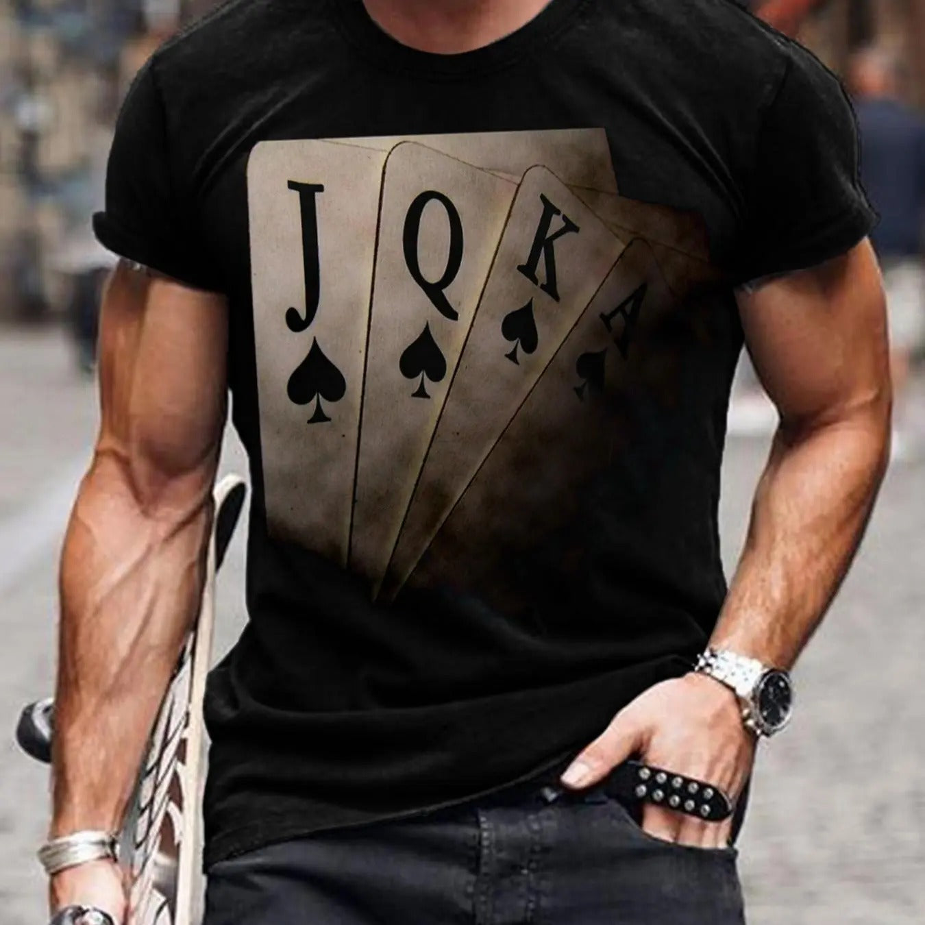 Men's Poker Print Round Neck Tee, Regular Fit Casual Short Sleeve T-shirt, Men's Summer Top for Daily Wear Hoodie, Sweatshirt