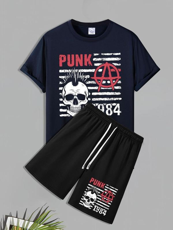 Men's Punk Skull Print Short Sleeve Tee & Letter Print Shorts Set, Regular Fit Casual Round Neck T-shirt & Shorts, Men's...