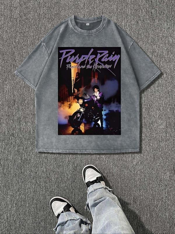 Men's Purple Rain Graphic Print Round Neck Tee, Regular Fit Casual Short Sleeve T-shirt, Men's Summer Top for Daily Wear,...