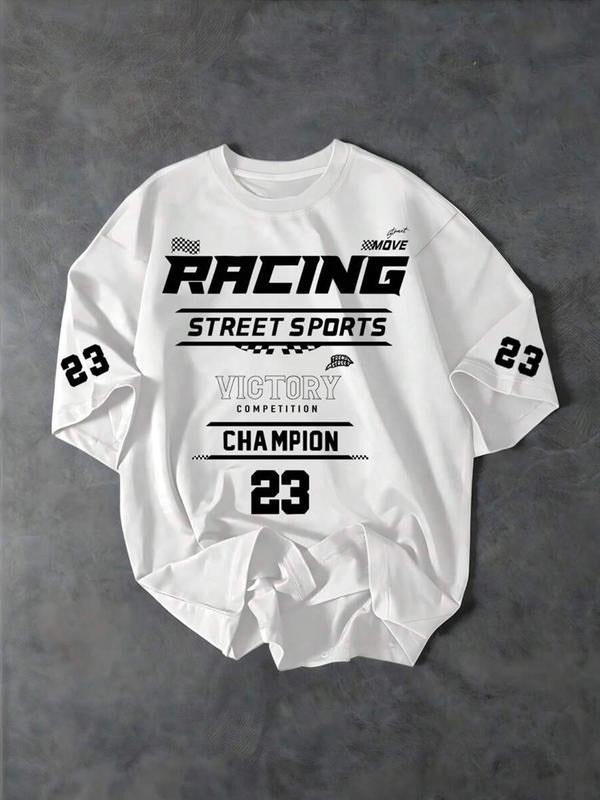 Men's Racing Street Sports Letter Print Short Sleeve Crew Neck Sweatshirt, Regular Fit Casual Fashion Round Neck Pullover...
