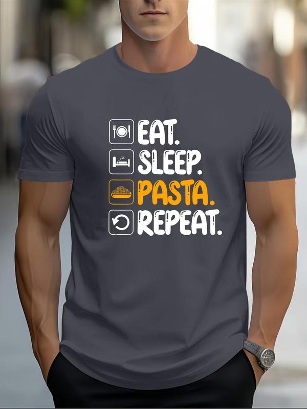 Men's Regular Fit "EAT SLEEP PASTA REPEAT" Print Round Neck Tee, Casual Short Sleeve T-shirt for Daily Wear, Men's Top...