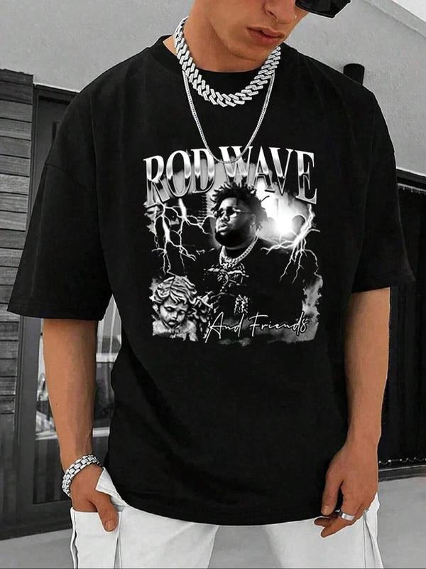 Men's Regular Fit "Rod Wave" Letter & Graphic Tee, Casual Short Sleeve T-shirt for Daily Wear, Streetwear Menswear Top...