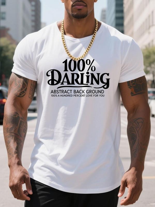 Men's Regular Fit 100 % Darling Letter Print Round Neck Tee, Casual Short Sleeve Crew Neck T-shirt for Daily Wear,...