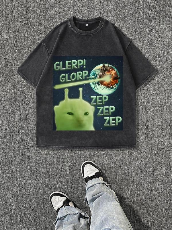 Men's Regular Fit Alien Print Round Neck Graphic Tee, Casual Short Sleeve Crew Neck T-shirt for Summer, Fashion Men's Top...