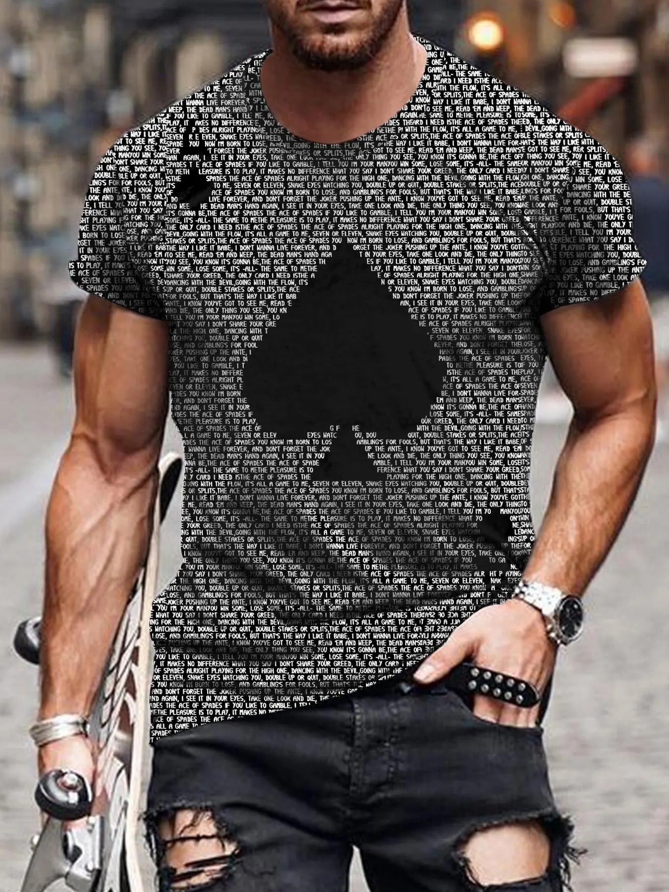 Men's Regular Fit All Over Letter & Poker Card Print Round Neck Tee, Casual Graphic Short Sleeve Crew Neck T-shirt for...