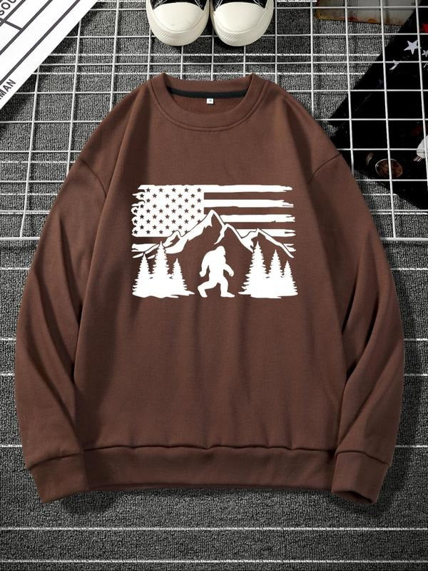 Men's Regular Fit American Flag & Sasquatch Print Lounge Sweatshirt, Casual Long Sleeve Crew Neck Pullover for Spring &...