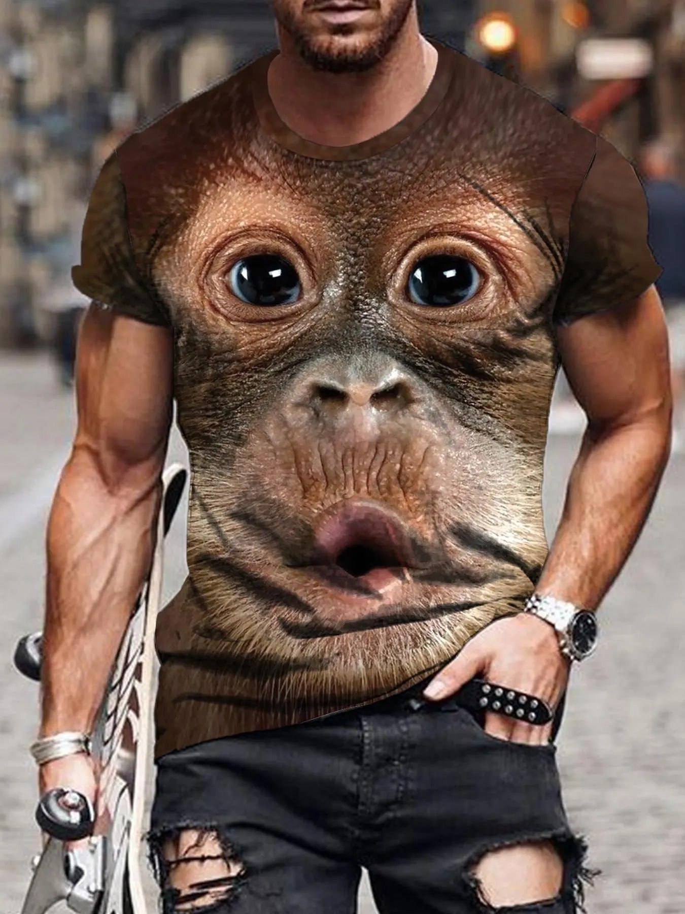 Men's Regular Fit Animal Print Round Neck Tee, Monkey Print Short Sleeve Crew Neck T-shirt for Summer, Casual Comfy Men's...