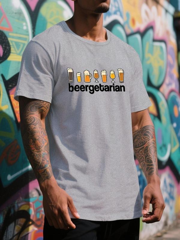 Men's Regular Fit Beer Print Round Neck Tee, Casual Short Sleeve Crew Neck T-shirt for Summer, Fashion Men's Top for...