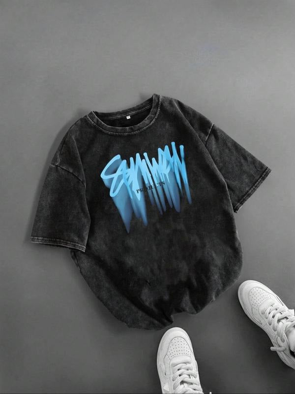 Men's Regular Fit Blue Wave Print Round Neck Graphic Tee, Vintage Trendy Casual Short Sleeve T-shirt for Daily Wear,...