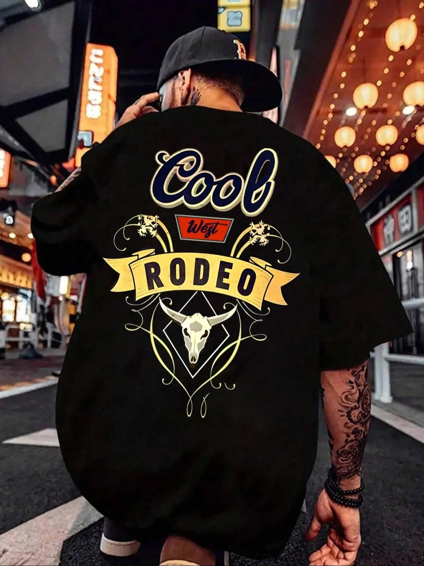 Men's Regular Fit Bull & Letter Print Drop Shoulder Graphic Tee, Casual Comfy Round Neck Half Sleeve T-shirt for Summer,...