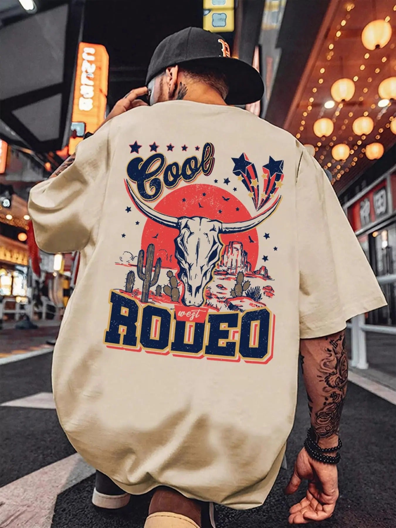 Men's Regular Fit Bull Head & Letter Print Drop Shoulder Tee, Casual Comfy Round Neck Half Sleeve T-shirt for Summer,...