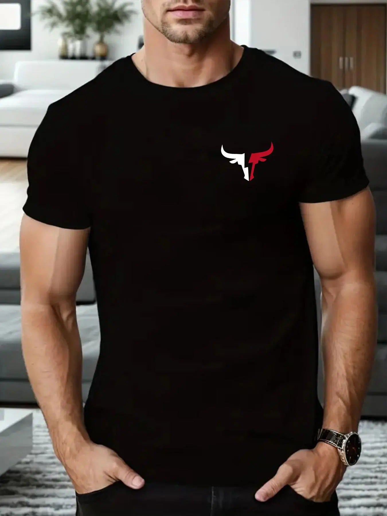Men's Regular Fit Bull Head Print Round Neck Tee, Casual Short Sleeve Crew Neck T-shirt for Summer, Fashion Men's Top for...