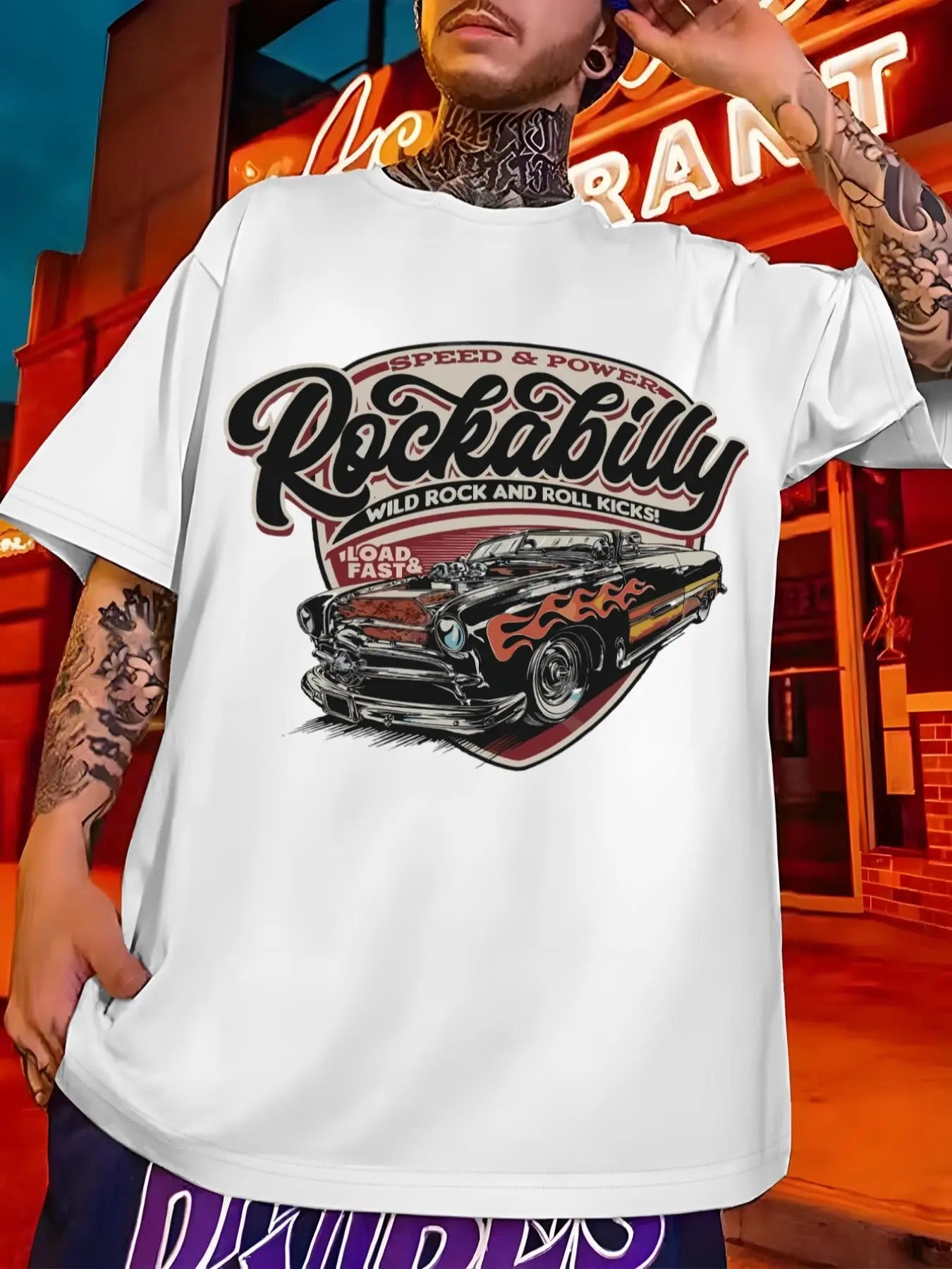 Men's Regular Fit Car & Letter Print Drop Shoulder Tee, Street Fashion Short Sleeve Round Neck T-shirt for Daily Wear,...