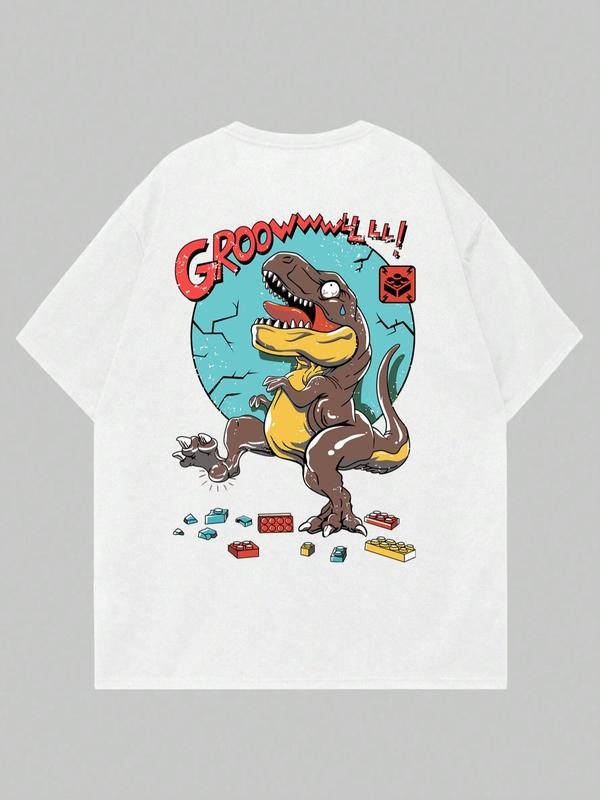 Men's Regular Fit Cartoon Dinosaur & Letter Print Drop Shoulder Tee, Casual Comfy Round Neck Short Sleeve T-Shirt for...
