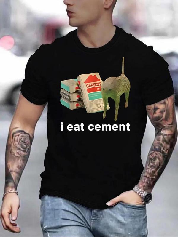 Men's Regular Fit Cat & Cement Print Round Neck Graphic Tee, Casual Short Sleeve T-shirt for Daily Wear, Men's Top for...