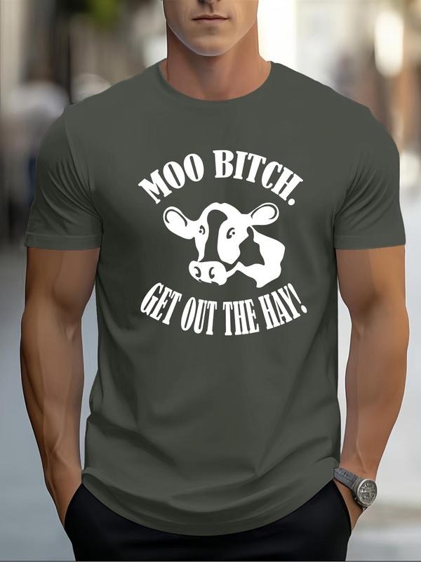 Men's Regular Fit Cow & Letter Print Round Neck Tee, Casual Short Sleeve Crew Neck T-shirt for Daily Wear, Men's Top for...