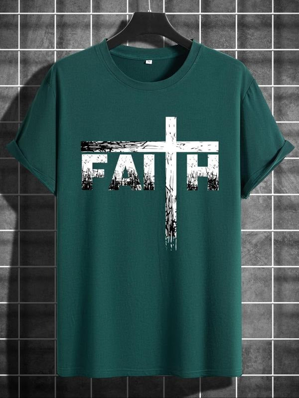 Men's Regular Fit Cross & Letter Print Round Neck Tee, Casual Short Sleeve T-Shirt for Summer, Streetwear Men's Top for...