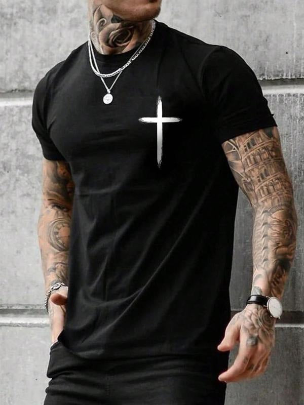 Men's Regular Fit Cross Print Round Neck Tee, Casual Short Sleeve Crew Neck T-shirt for Summer, Fashion Men's Top for...