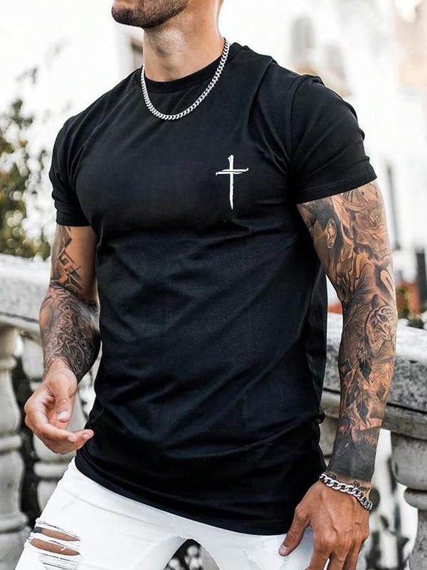 Men's Regular Fit Cross Print Short Sleeve Tee, Casual Graphic Round Neck T-Shirt for Summer, Fashion Men's Top for Daily...
