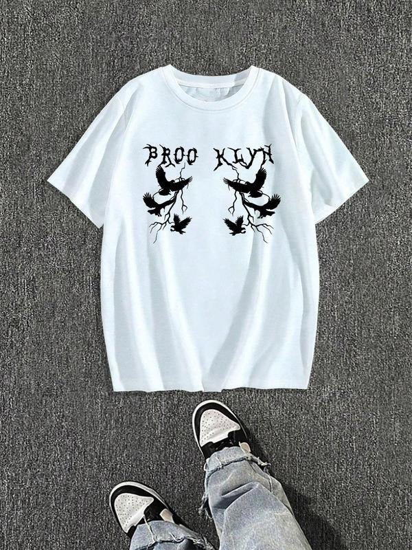 Men's Regular Fit Crow Print Round Neck Graphic Tee, Casual Short Sleeve Crew Neck T-shirt for Daily Wear, Fashion Men's...