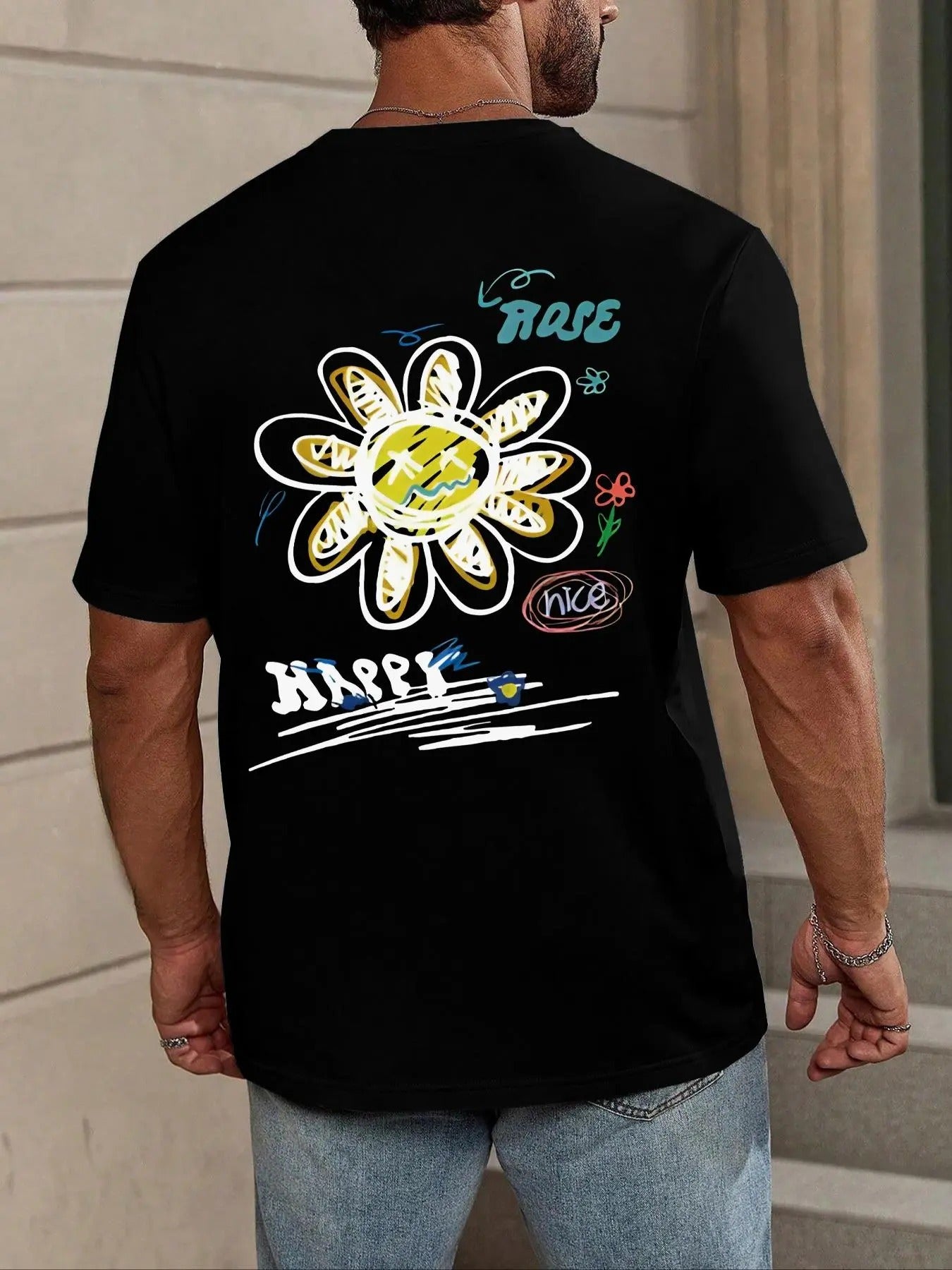 Men's Regular Fit Daisy & Letter Print Round Neck Graphic Tee, Casual Short Sleeve T-shirt for Daily Wear, Men's Top for...