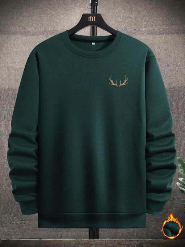 Men's Regular Fit Deer Antler Print Round Neck Sweatshirt, Casual Long Sleeve Crew Neck Pullover for Spring & Fall,...