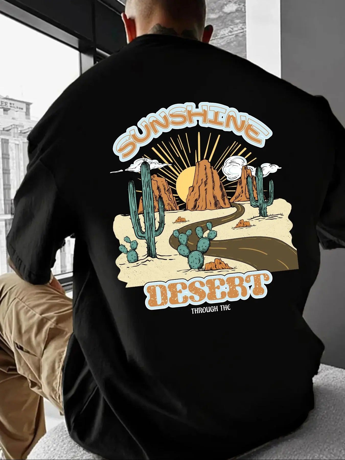 Men's Regular Fit Desert Landscape & Letter Print Drop Shoulder Tee, Casual Comfy Short Sleeve Round Neck T-shirt for...