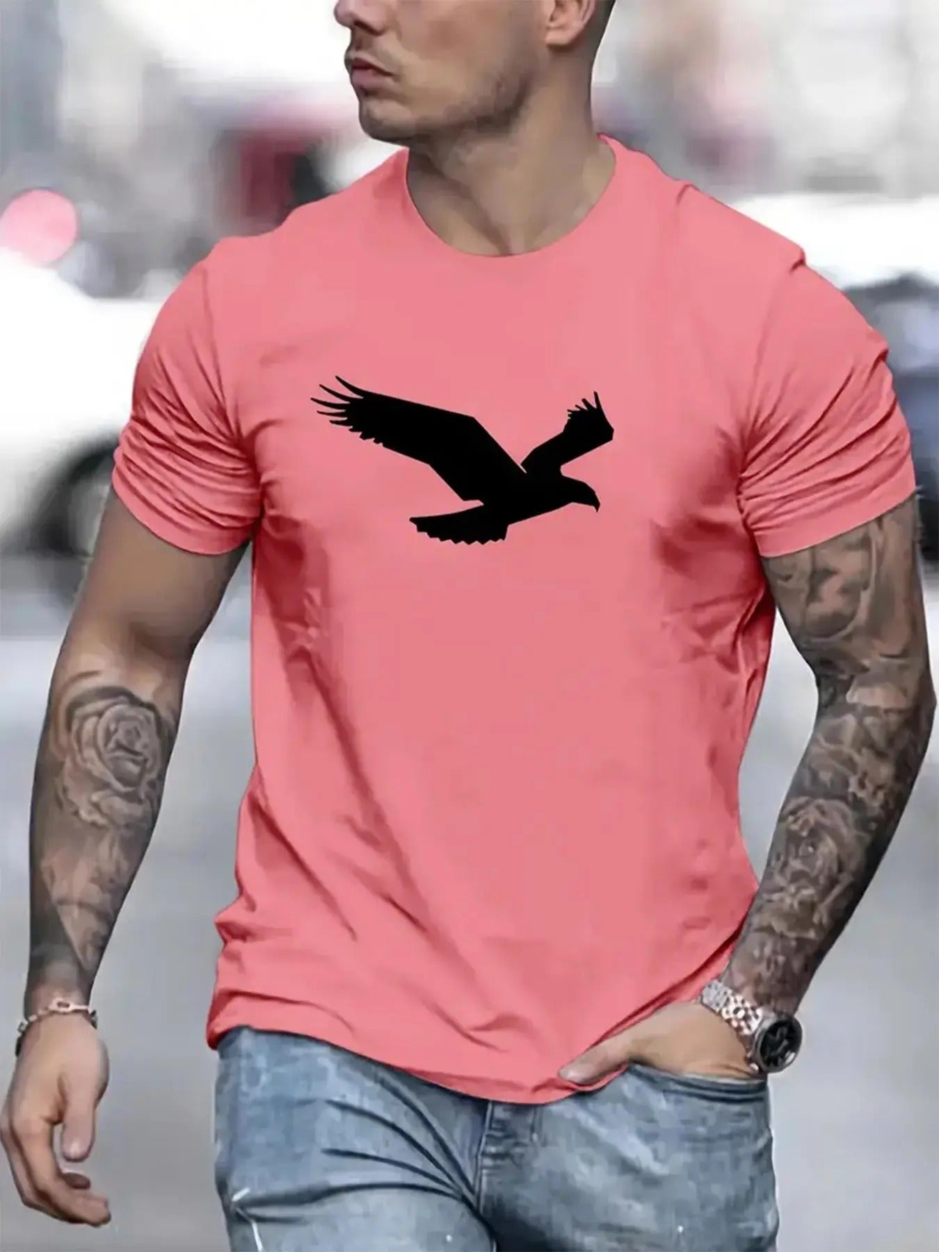 Men's Regular Fit Eagle Print Round Neck Tee, Casual Short Sleeve Crew Neck T-Shirt for Summer, Fashion Men's Top for...