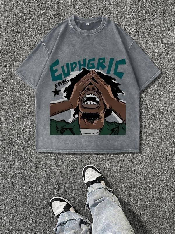 Men's Regular Fit Euphoric Letter Print Round Neck Graphic Tee, Vintage Trendy Casual Short Sleeve T-shirt for Daily...