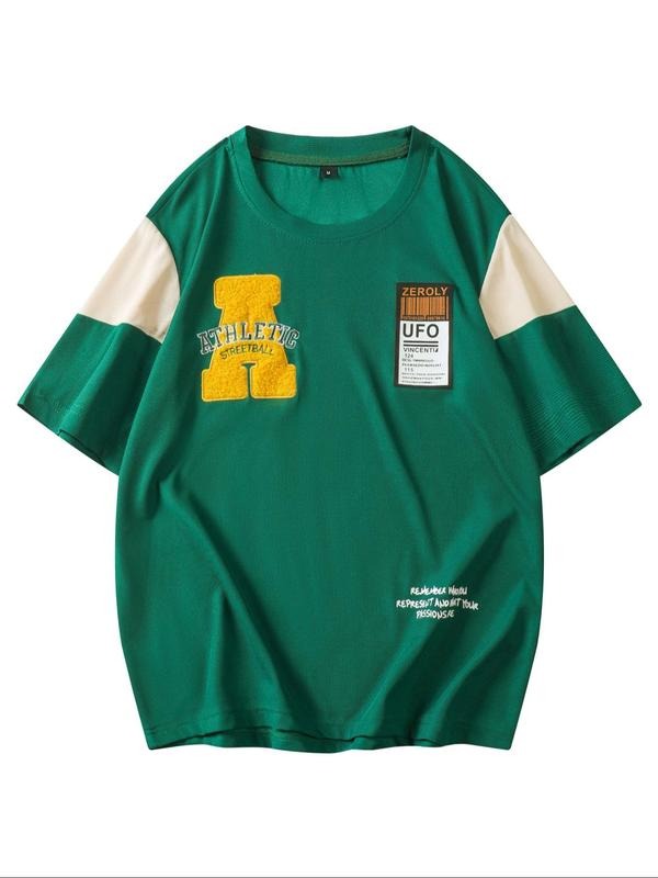 Men's Regular Fit Figure & Letter Patched Short Sleeve Tee, Casual Crew Neck T-shirt for Summer, Fashion Men's Top for...