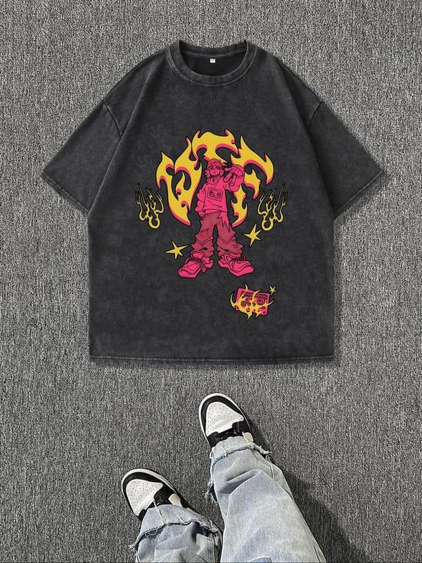 Men's Regular Fit Fire & Skateboard Print Round Neck Tee, Casual Short Sleeve Crew Neck T-shirt for Summer, Fashion Men's...