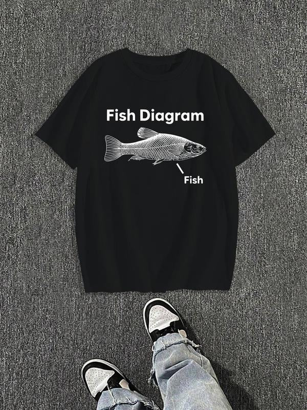 Men's Regular Fit Fish Diagram Print Round Neck Graphic Tee, Casual Short Sleeve T-shirt for Daily Wear, Men's Top for...