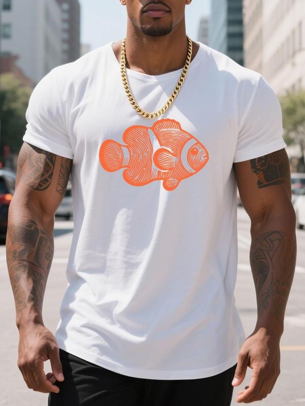 Men's Regular Fit Fish Print Round Neck Tee, Casual Short Sleeve Crew Neck T-shirt for Summer, Fashion Men's Top for...