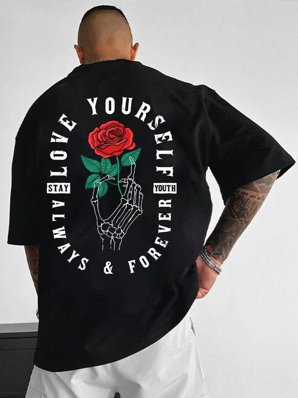Men's Regular Fit Floral & Skeleton Hand Print Drop Shoulder Sleep Tee, Casual Comfy Letter Graphic Round Neck Short...