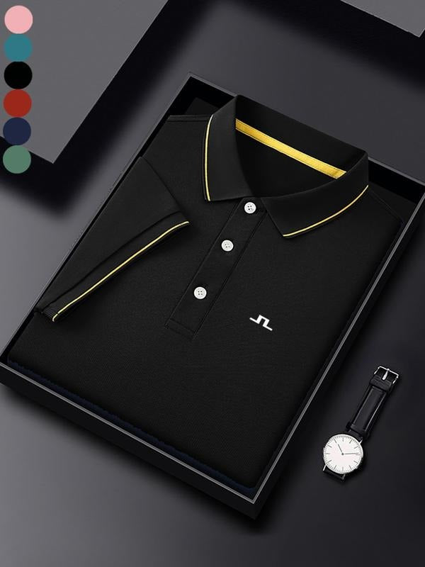 Men's Regular Fit Geometric Print Contrast Trim Polo Shirt, Casual Short Sleeve Collared Top for Summer, Fashion Men's...