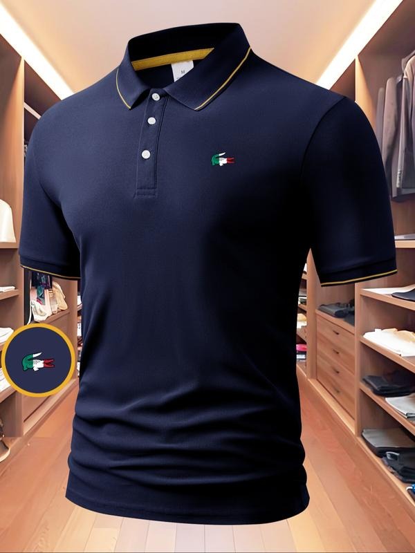 Men's Regular Fit Geometric Print Contrast Trim Polo Shirt, Casual Short Sleeve Collared Top for Summer, Fashion Men's...