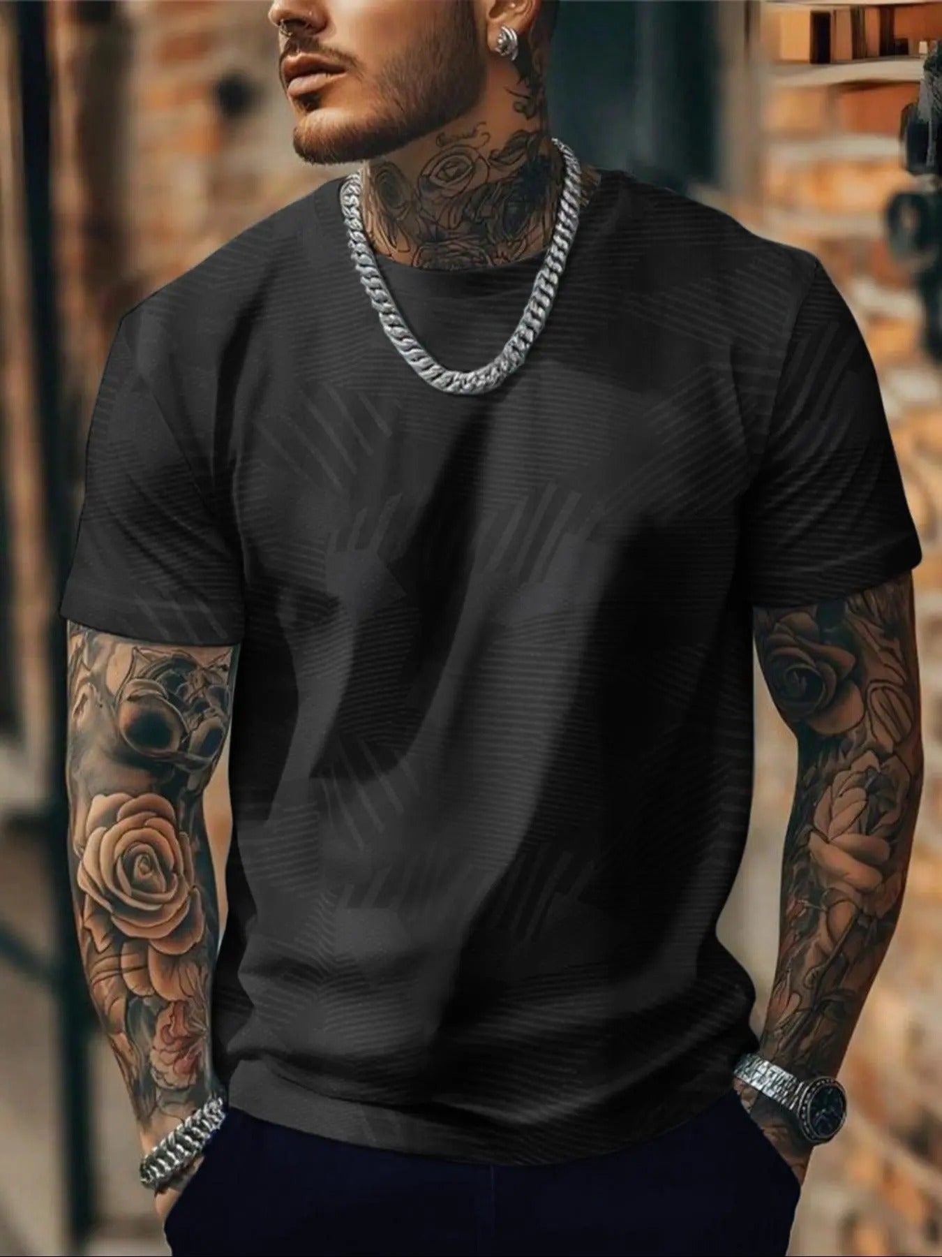 Men's Regular Fit Geometric Print Short Sleeve Tee, Casual Round Neck T-shirt for Daily Wear, Men's Top for All Seasons...