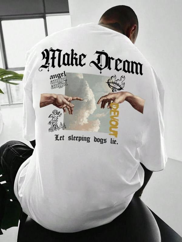 Men's Regular Fit Hand Print & Letter Print Drop Shoulder Summer Tee, Casual Short Sleeve Round Neck T-shirt for Summer,...
