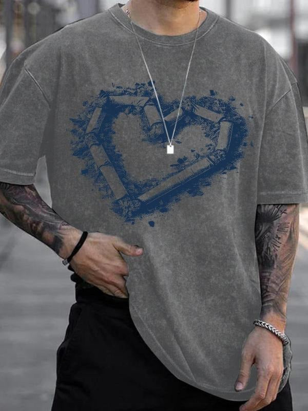 Men's Regular Fit Heart Print Wash T-shirt, Casual Short Sleeve Round Neck Graphic Tee for Summer, Fashion Men's Top for...
