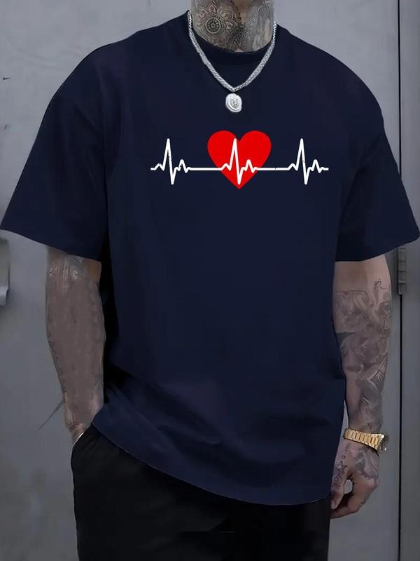 Men's Regular Fit Heartbeat Print Round Neck Tee, Casual Short Sleeve Crew Neck T-shirt for Daily Wear, Fashion Men's Top...
