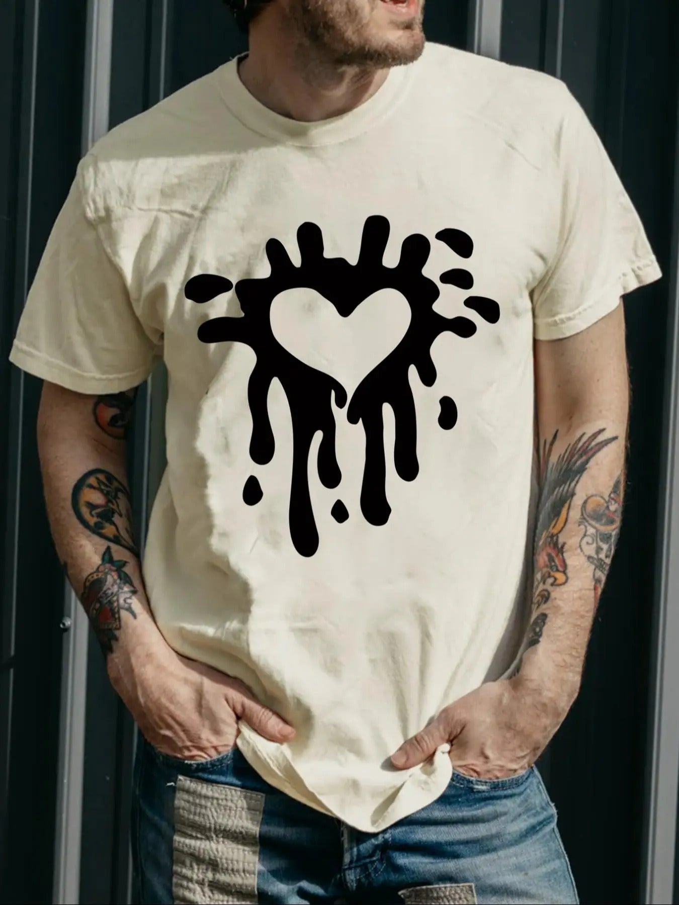 Men's Regular Fit Ink Splash & Heart Print Round Neck Graphic Tee, Casual Short Sleeve T-shirt for Daily Wear, Men's Top...
