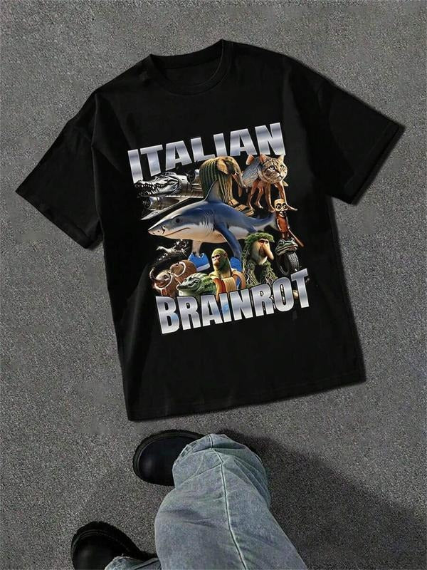 Men's Regular Fit Italian Brontosaurus Print Round Neck Tee, Casual Short Sleeve T-shirt for Daily Wear, Men's Top for...