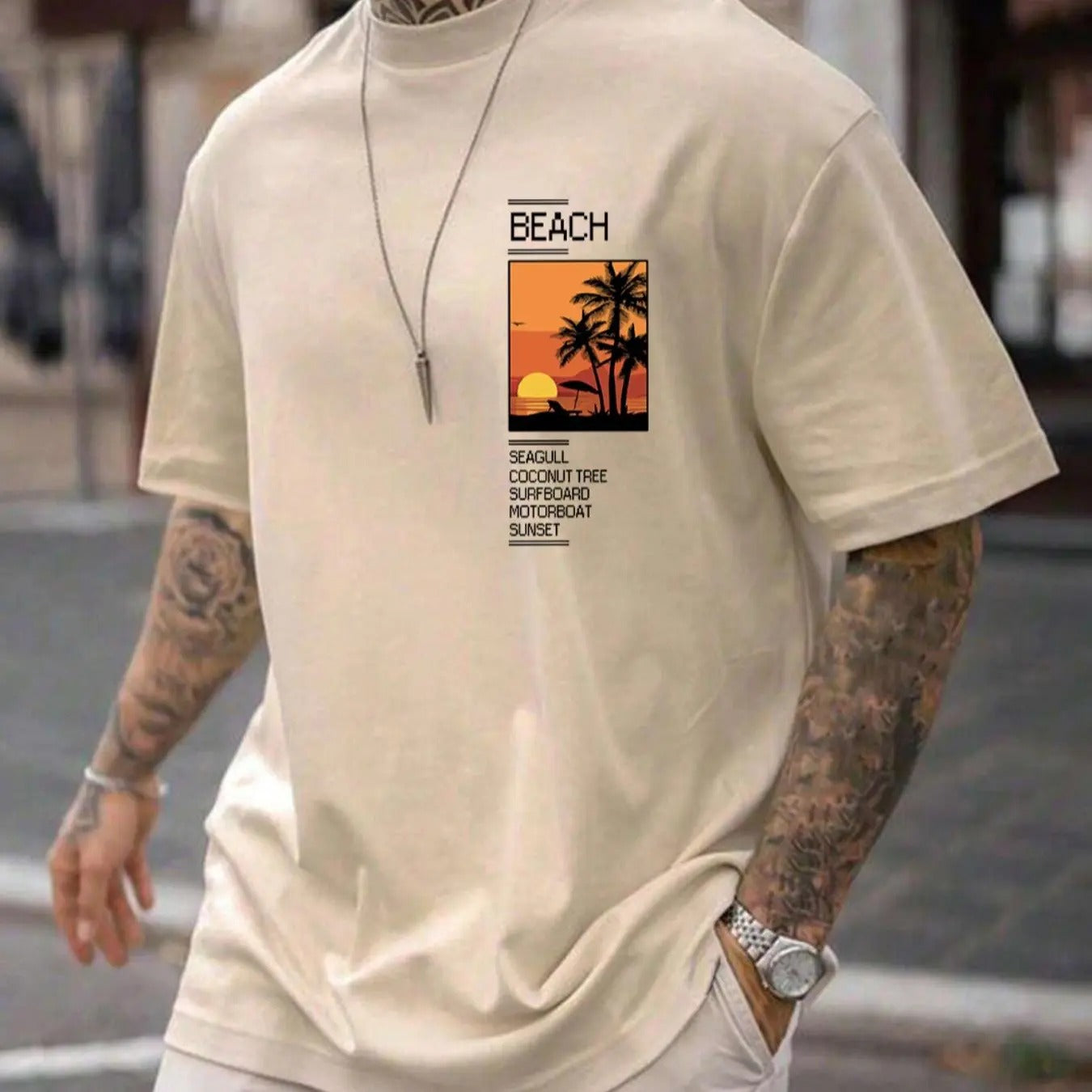Men's Regular Fit Landscape & Letter Print Drop Shoulder Sleep Top, Casual Comfy Graphic Short Sleeve Stand Collar...