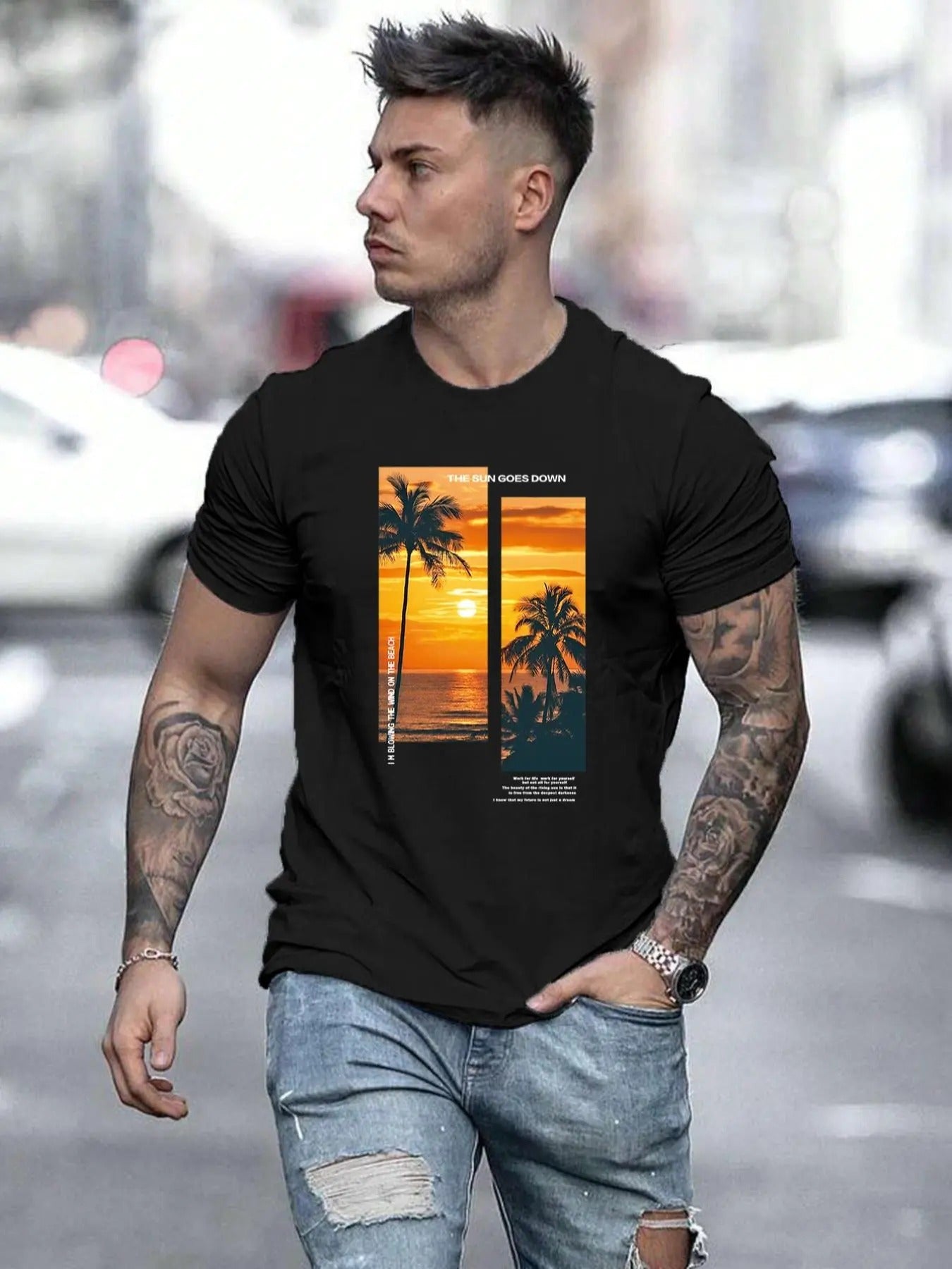 Men's Regular Fit Landscape & Letter Print Round Neck Tee, Casual Short Sleeve Crew Neck T-shirt for Summer, Fashion...